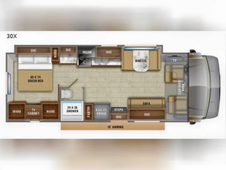 RV rental: Detailed 30X floor plan showing a queen bed, kitchen, bath, dinette, sofa, and cab-over bunk for layout understanding.. Jayco Greyhawk 2021