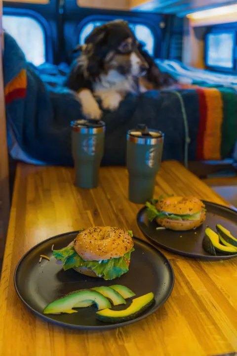 Enjoying breakfast in an RV rental: bagels, fresh avocado, and coffee mugs on a wood table, with a dog relaxing behind.. Dodge Promaster 2500 (Class B) 2022