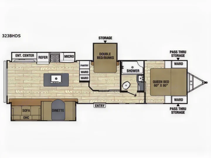 Detailed 323BHDS RV rental floor plan, showing queen bed, bunks, kitchen, bath, and living/dining space.. Coachmen Freedom Express 323bhds 2019