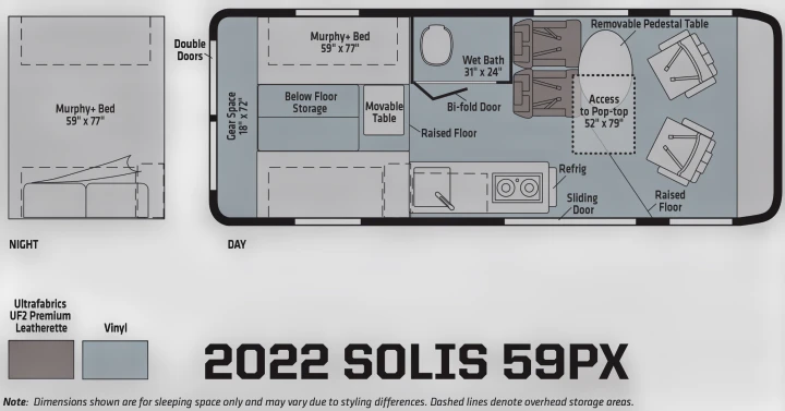 2022 Solis 59PX RV rental floor plan: versatile day/night layout with wet bath, kitchen, & pop-top access.. Winnebago Solis PX 2023