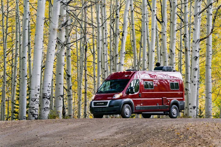 Red RV rental parked on a dirt road, framed by tall white aspen trees with bright yellow fall foliage.. Winnebago Solis PX 2023