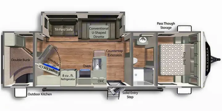 Detailed RV rental floor plan for an Astoria model, featuring king bed, double bunk, kitchen, dinette, and sofa.. Dutchmen Astoria 2023