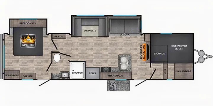 Explore this RV rental's detailed floor plan: king bed, bunk beds, kitchen, living area, and full bath for your next adventure.. Crossroads RV Volante 2022