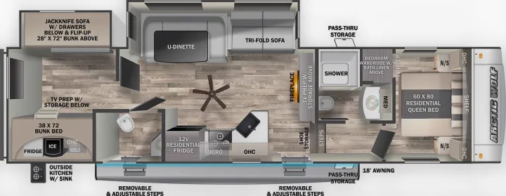 Spacious RV rental floor plan: queen bed, bunk, U-dinette, sofas, full kitchen & bath. Great for family camping.. Forest River Cherokee Arctic Wolf 2022