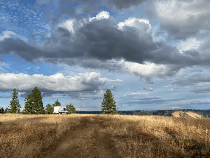 Adventure awaits! This scenic RV rental is nestled among pine trees and golden fields under a dramatic sky.. Mercedes-Benz Sprinter 2017