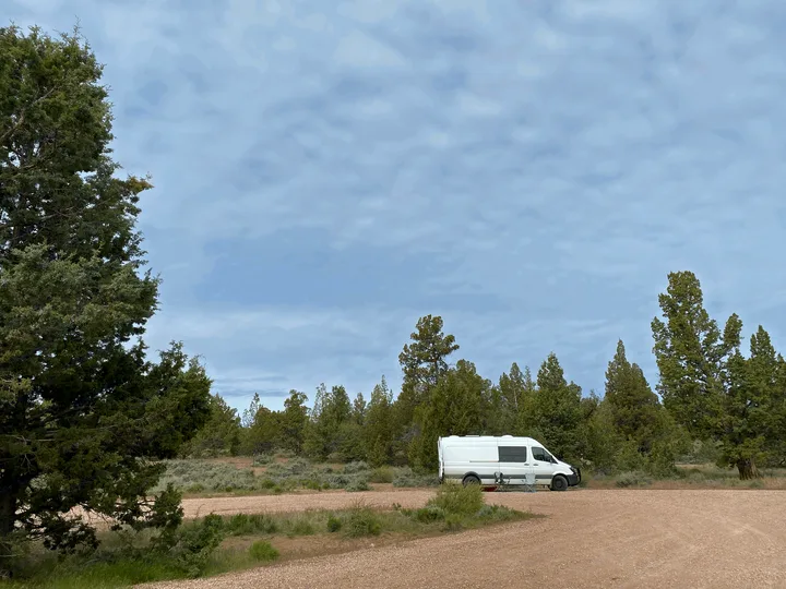 An RV rental camper van parked on a gravel road surrounded by evergreen trees under a cloudy sky.. Mercedes-Benz Sprinter 2017