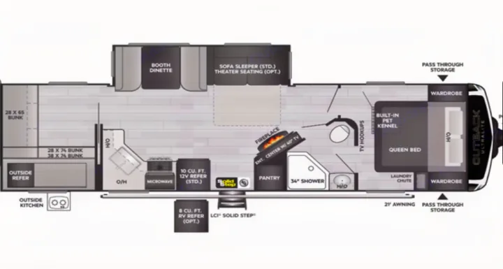 This RV rental floor plan showcases an Outback Ultralite travel trailer, detailing its queen bed, bunks, kitchen, and spacious living area.. Keystone RV Outback Ultra-Lite 2022