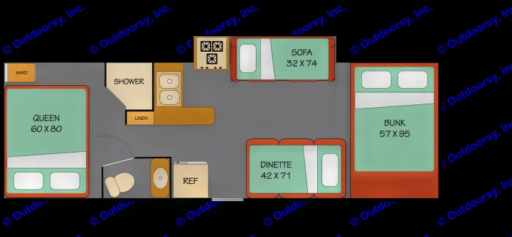 RV rental floor plan: Queen, bunk, sofa, dinette beds, plus kitchen and shower. A clear travel trailer layout.. Forest River Coachmen Freelander 2014