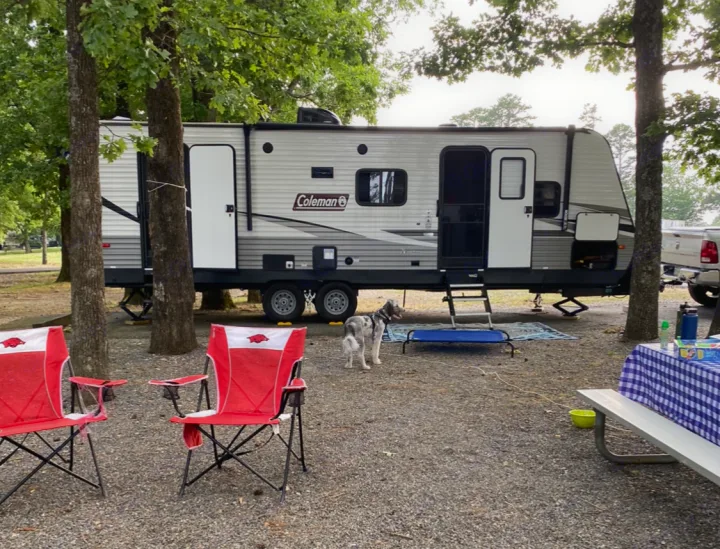 Set up at Lake Ouachita. 

*Dog not included 😉. Dutchmen Coleman Lantern 2021