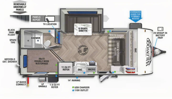 RV rental travel trailer floor plan, illustrating versatile interior with beds, U-shape dinette, kitchen, and bathroom.. Forest River Wildwood FSX 2021