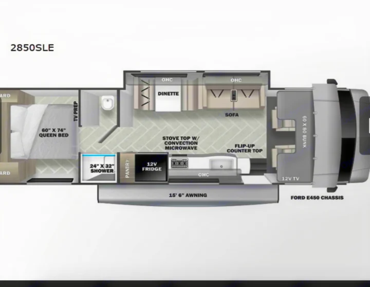 RV rental floor plan (2850SLE) layout: queen bed, shower, kitchen, dinette, sofa, and front bunk. Ideal for travel.. Forest River Sunseeker LE 2023