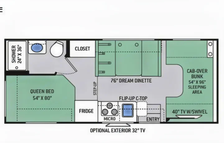 RV rental floor plan: 54x80 queen bed, 76" dinette, 54x96" bunk, kitchen, bath for a camper.. Thor Four Winds 2018