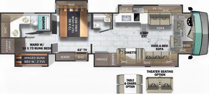 Explore this RV rental floor plan showing a full interior layout with multiple beds, kitchen, and living space options.. Berkshire XLT 2023