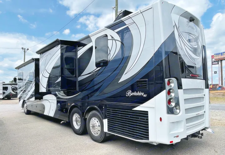 Luxurious black & white Berkshire XLT motorhome for rv rental. Detailed exterior shows sleek design.. Berkshire XLT 2023