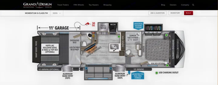 Momentum G-Class FW RV rental floor plan: Detailed layout of this Grand Design toy hauler showing garage, bedroom, and living areas.. Grand Design Momentum 2021