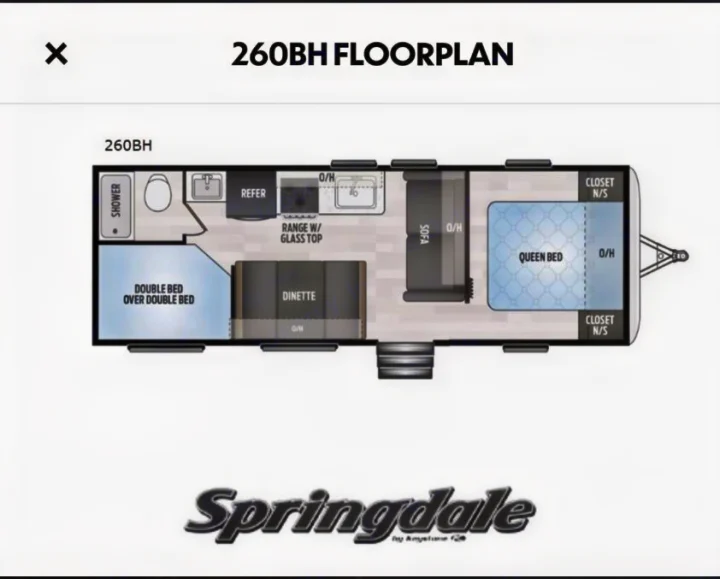 Springdale 260BH RV floorplan, ideal for an rv rental, illustrates a queen bed, bunk beds, kitchen, and bathroom layout.. Keystone RV Springdale 2019