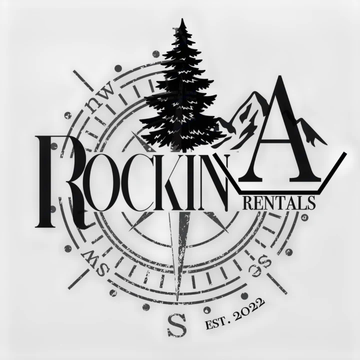 Rockin' A Rentals' distressed black & white logo features a compass, pine tree, and mountains, ideal for an RV rental business. Est. 2022.. Keystone RV Hideout 2020