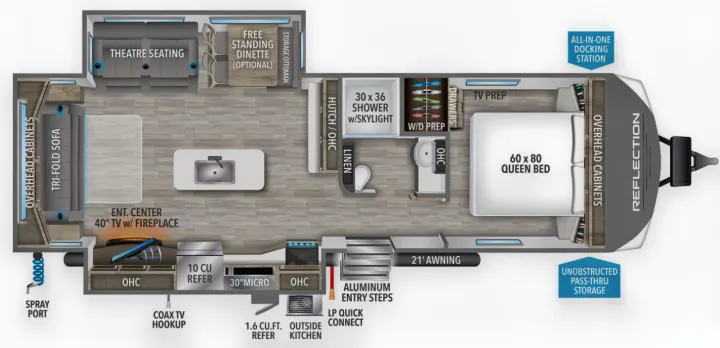 Detailed RV rental floorplan: Queen bed, theatre seating, full kitchen, bath, and storage. Explore this Reflection model.. Grand Design Reflection 2022