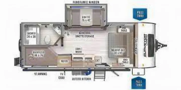 RV rental floor plan: See the spacious interior layout of this travel trailer, showing a bed, bath, and kitchen.. Forest River Surveyor Legend 2022