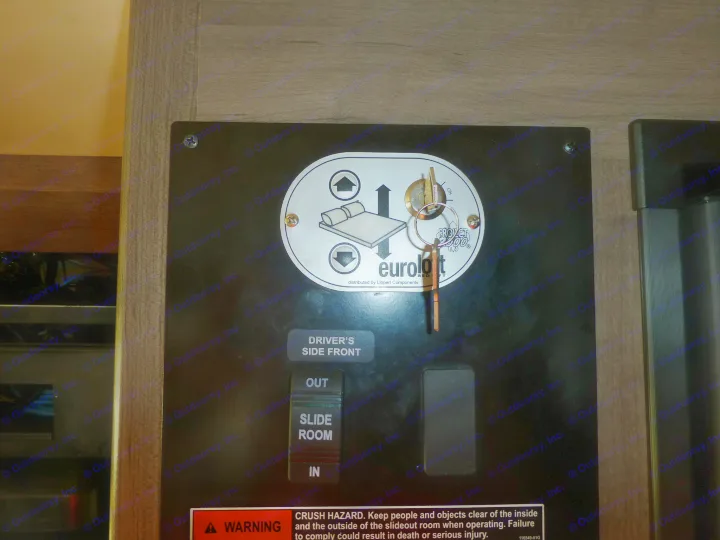 RV rental control panel: operate the slide-out room and EuroLoft bed lift, with crush hazard warning.. Winnebago Vista 2020