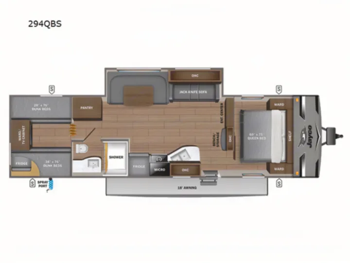 Floor plan of a 294QBS RV rental, detailing the interior layout with a queen bed, bunk beds, kitchen, and dinette area.. Jayco Jay Flight 2023