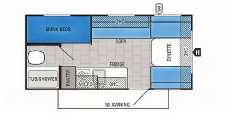 Detailed RV rental floor plan with bunk beds, dinette, kitchen, and full bath layout for a compact travel trailer.. Jayco Jay Flight SLX 2015