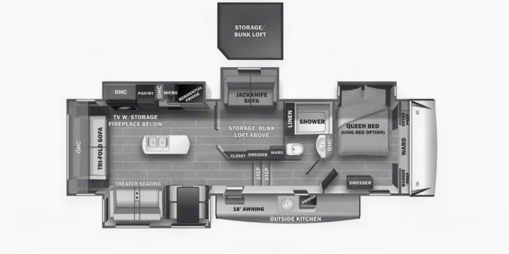 This RV rental floor plan shows a detailed interior layout with living space, kitchen, queen bed, bunk loft, and bathroom amenities.. Forest River Sabre 2021