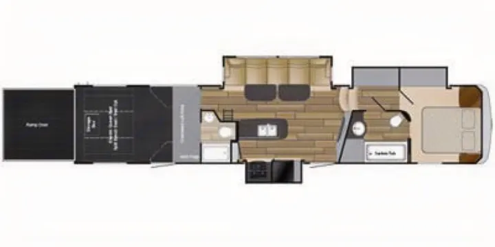 RV rental floor plan: Toy hauler layout with garage, living area, kitchen, bath, & master bedroom.. Heartland Torque 2018