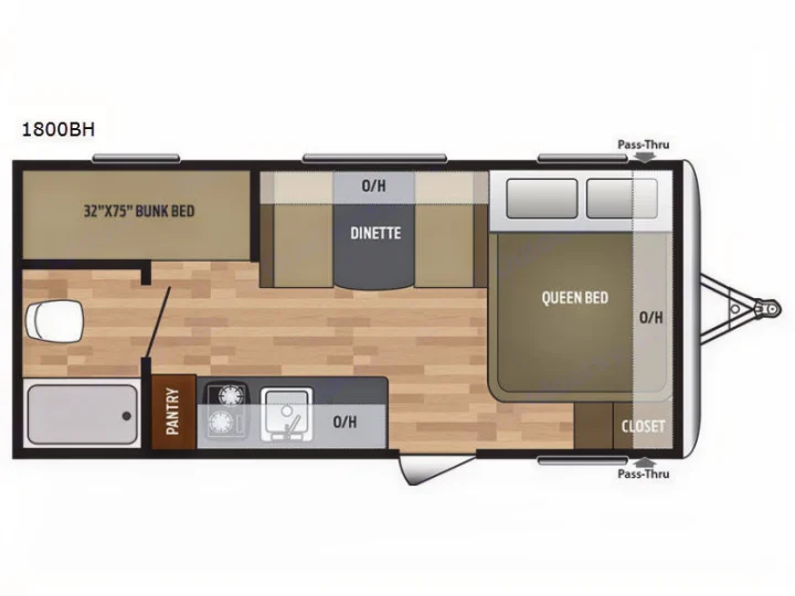 RV rental 1800BH floor plan: detailed interior layout with queen bed, bunk bed, dinette, kitchen, and bath areas.. Keystone RV Summerland Mini 2017