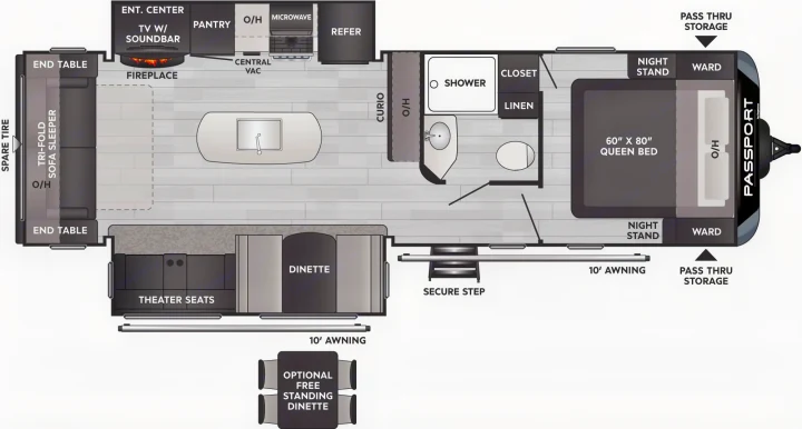 Travel trailer floor plan for rv rental: detailed layout with queen bed, kitchen, bath, and seating for comfortable living.. Keystone RV Passport GT 2022