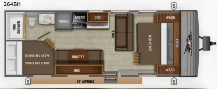 RV rental floor plan: Jay Flight 264BH travel trailer interior with bunks, queen bed, kitchen, bath, and dinette.. Jayco Jay Flight SLX 2020