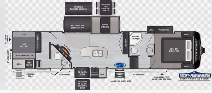 RV rental floor plan detailing living areas: queen bed, kitchen, bath, and loft. See layout options for your next adventure.. Keystone RV Cougar 364 BHL 2022