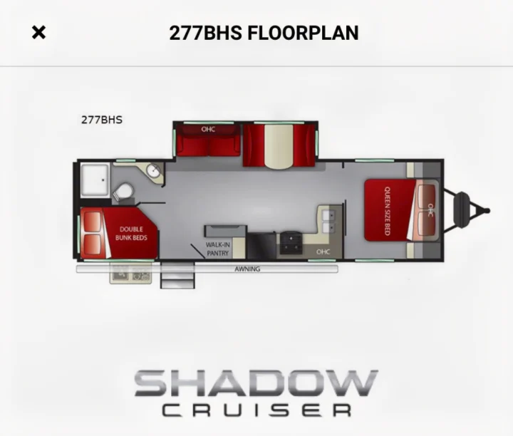 RV rental floorplan: The 277BHS Shadow Cruiser travel trailer layout shows queen & double bunk beds, kitchen, & walk-in pantry.. Shadow Trailers 277BHS 2020