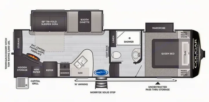 This RV rental Cougar travel trailer floor plan shows a queen bed, dinette, sofa, kitchen, bath, and fireplace. Ideal for family trips.. Keystone RV Cougar 2022