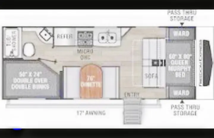 RV rental floor plan: Freedom Express travel trailer. Features queen Murphy bed, bunks, kitchen, dinette, and bath.. Coachmen Freedom Express 2023