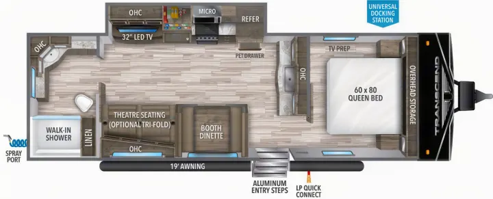 Explore this RV rental's spacious floor plan: queen bed, theatre seating, kitchen, full bath, and outdoor awning.. Grand Design transcend 2021