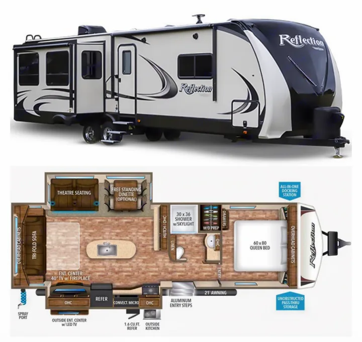 This RV rental shows a Reflection travel trailer and its detailed floorplan, ideal for planning your next trip.. Grand Design Reflection 2018
