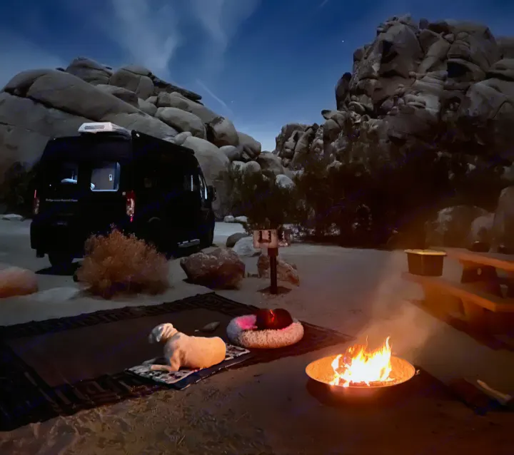 Nighttime RV rental camping: a van, two dogs by a warm campfire, set among large rocks under a clear, starry sky.. Roadtrek Simplicity SRT 2019