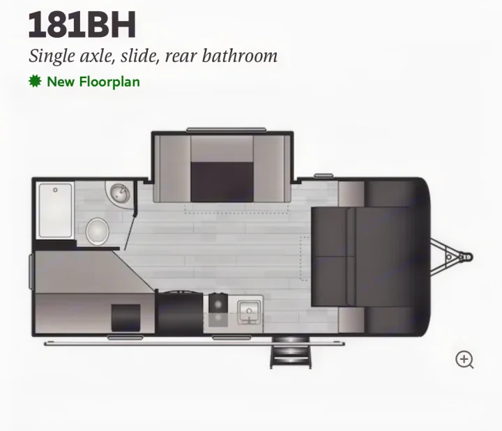 RV rental 181BH floorplan: Single axle, slide, rear bathroom layout with kitchen, dinette, and bed areas.. Hideout 181BH 2023