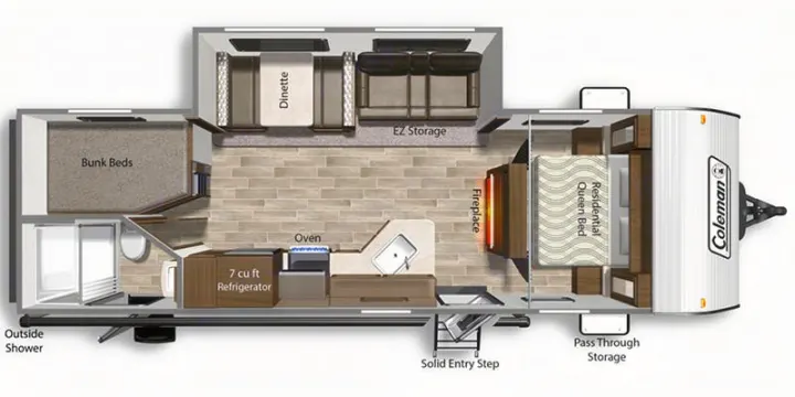 RV rental floor plan: A travel trailer layout featuring a queen bed, bunk beds, dinette, kitchen, and fireplace.. Coachmen lantern Dutchman 263 BHWE 2021
