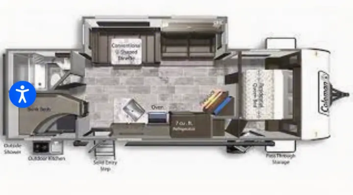 RV rental floor plan diagram. Features include a main bedroom, bunk beds, kitchen, bath, dinette, and outdoor kitchen.. Dutchmen Coleman Light 2022