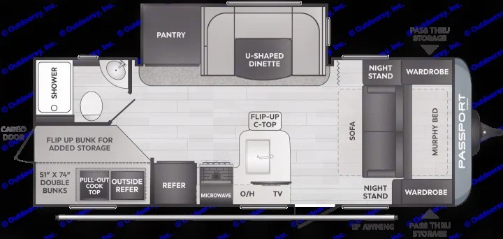 This RV rental floor plan details a travel trailer with a U-shaped dinette, bunk room, kitchen, bathroom, and Murphy bed layout.. Keystone RV Passport SL 2022