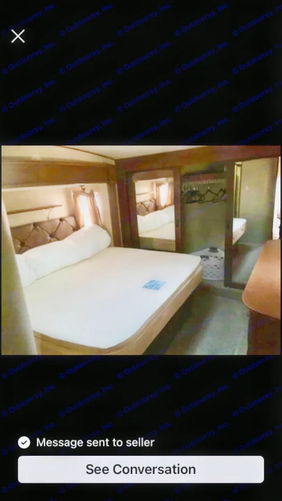 RV rental: An interior view of a clean RV bedroom, featuring a large bed with a tufted headboard and mirrored closet.. Open Range RV Open Range RV Fifth Wheel 2013