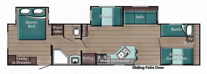 Explore this spacious RV rental floor plan: queen bed, bunks, kitchen, bathroom, sofa, multiple dinettes. Ideal for your next adventure.. Gulf Stream Innsbruck 2023