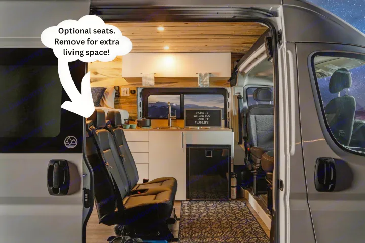 The functional design allows for a comfortable kitchen and living area. The front seats swivel, rear seats can be excluded to expand the living space.. Dave & Matt Vans LV36 2021