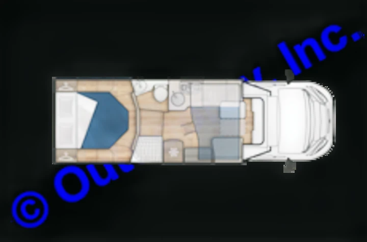 RV rental: Detailed campervan floor plan showing bedroom, kitchen, bathroom, and living spaces.. Elnagh 582 2023