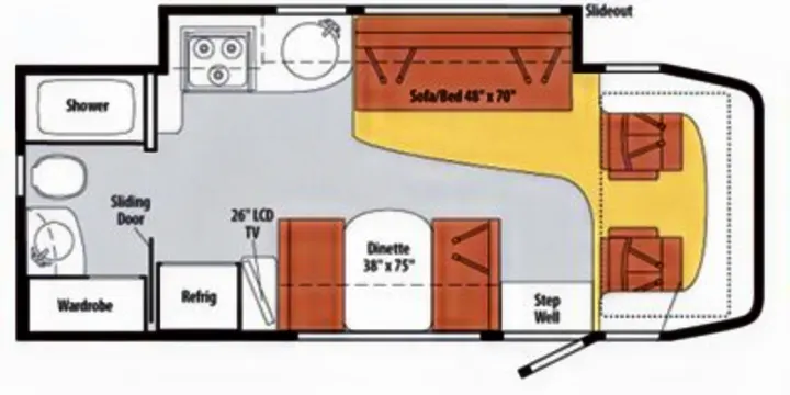 Detailed RV rental floor plan. Shows interior layout: kitchen, bath, dinette, convertible sofa/bed, and front seating area.. Winnebago View 2011