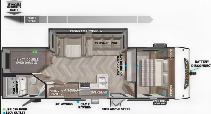 This RV rental floor plan details the interior layout, featuring beds, kitchen, lounge, bathroom, and storage areas.. Forest River Wildwood X-Lite 2023