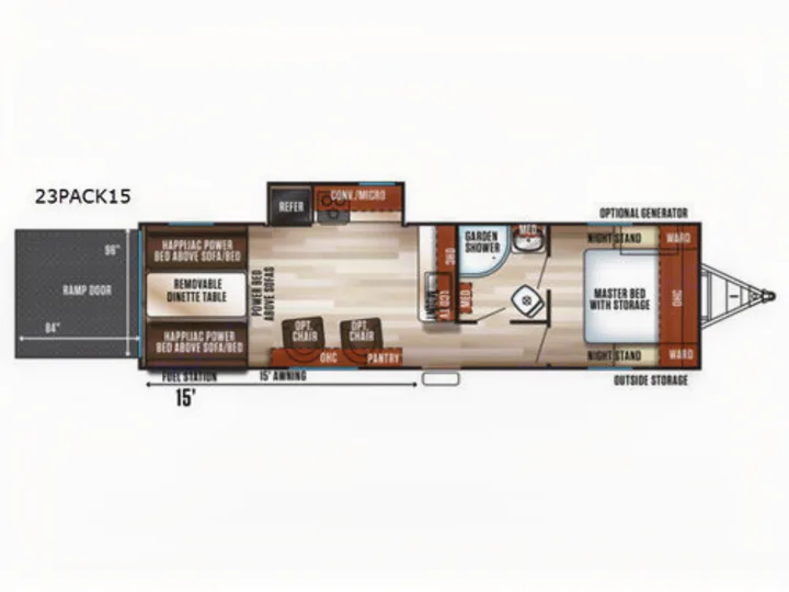 Explore this 23PACK15 RV rental toy hauler floor plan, featuring master bed, kitchen, bath, and rear garage with power beds.. Forest River Cherokee Wolf Pack 2020