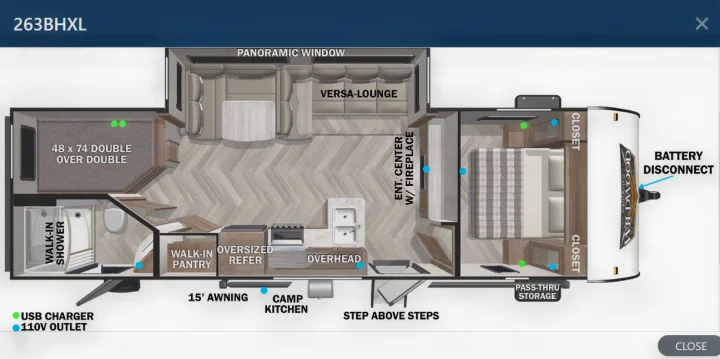 Detailed RV rental 263BHXL travel trailer floor plan, highlighting interior features like bunks, kitchen, and lounge area.. Forest River Wildwood X-Lite 2021